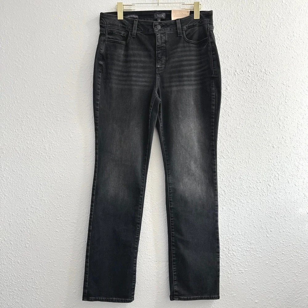 NYDJ Marilyn Straight Jeans Womens 12 Black Nightbreak Lift Tuck High Rise Denim